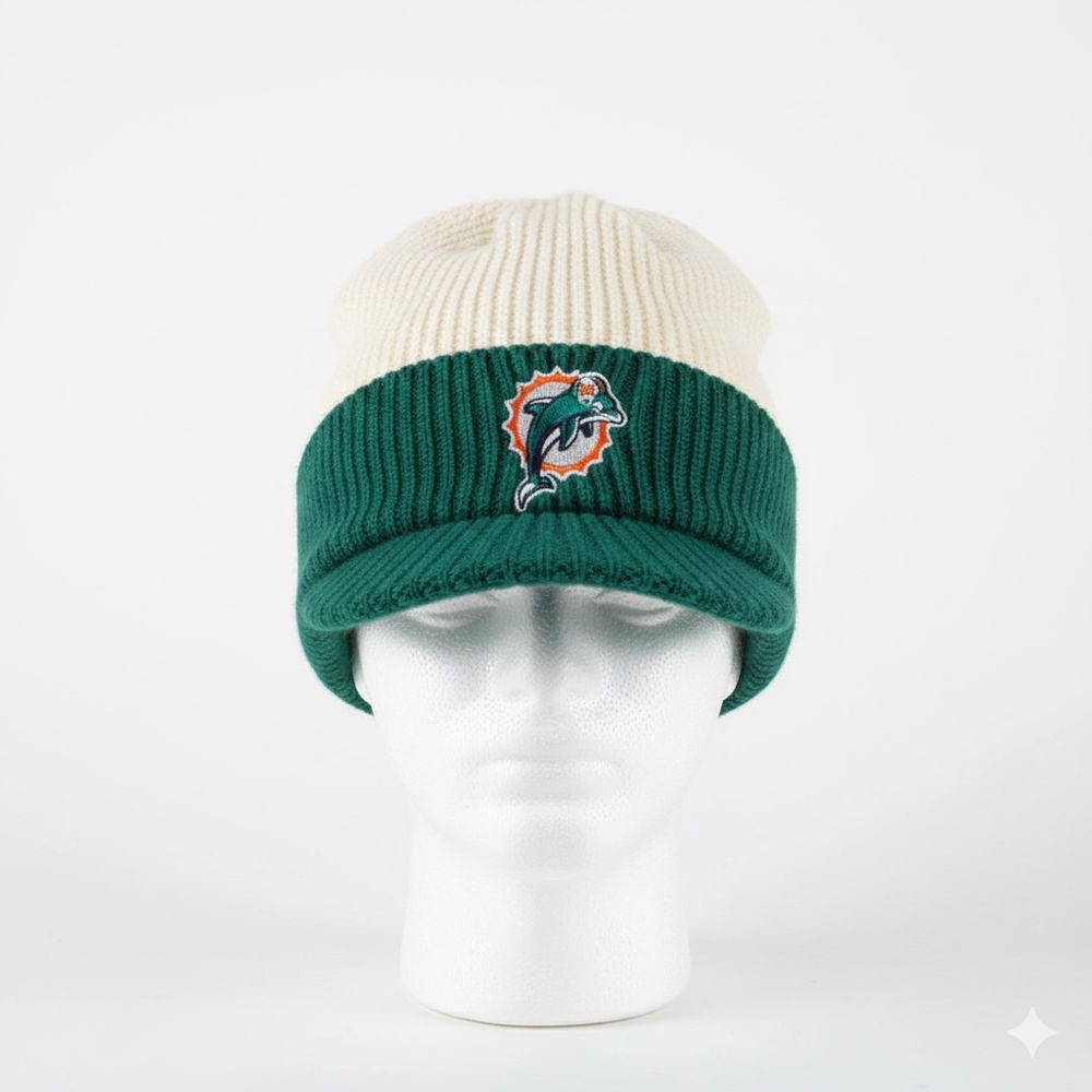 Vintage Miami Dolphins Brimmed Beanie - Teal & Cream - Throwback Sideline Y2K